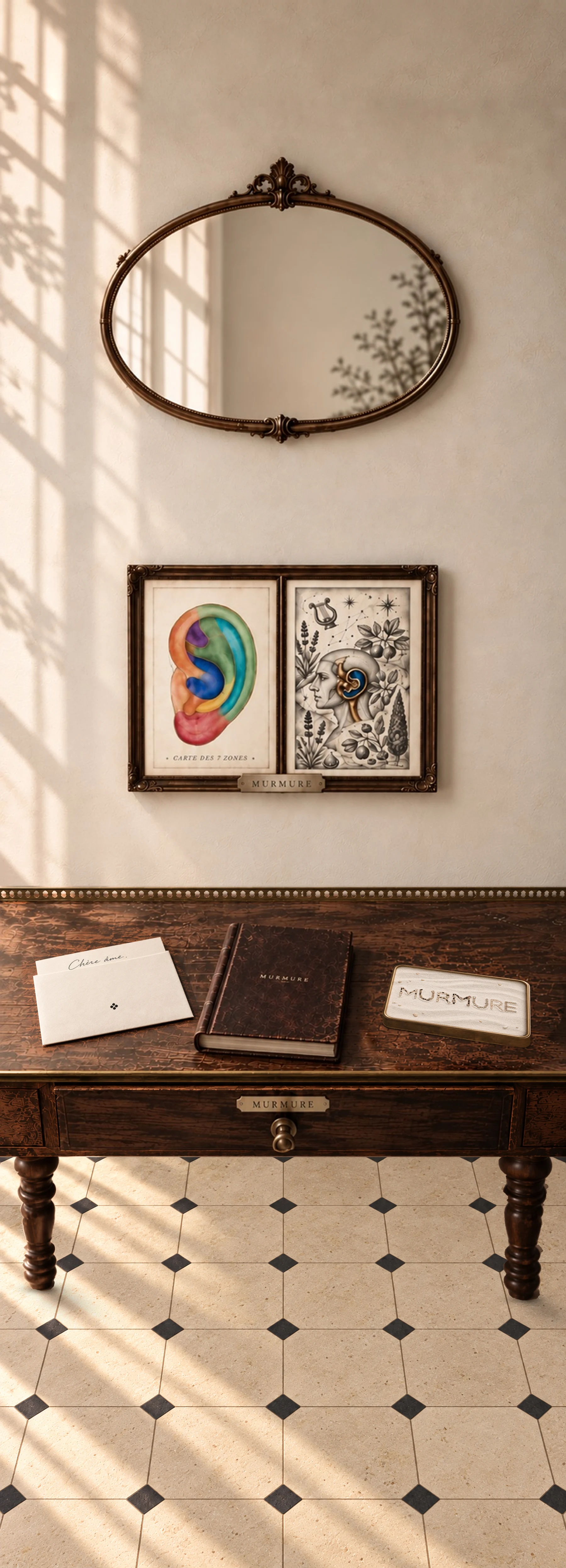 Une coiffeuse ancienne, un miroir, deux tableaux et trois objets posés sur le bureau.